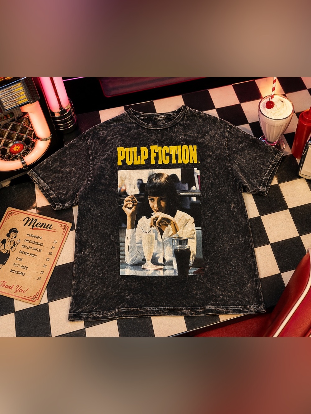 Pulp Fiction Mia Wallace Graphic Tee Black Acid Wash Movie Shirt Large